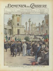 Plechtige opening van de regionale tentoonstelling in Rome, op de 21e, de koninklijke stoet op het Forum van de regio