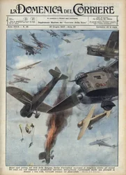 Spaanse Burgeroorlog: luchtgevechten tussen republikeinse en nationalistische vliegtuigen boven het door oorlog geteisterde Spanje. Illustratie van Achille Beltrame in „La domenica del Corriere” van 20/06/1937.