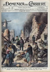 Spaanse Burgeroorlog: uitzicht op de ruïnes van de stad Eibar in Baskenland verwoest door de roden. Illustratie van Achille Beltrame in 