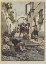 Vreselijke hongersnood in Spanje, boeren uit Andalusië die uitgeput van honger neervallen