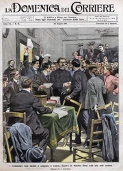 De aankomst van Maxim Gorki in de vergaderzaal op het congres in Londen na de revolutie van 1905 in Rusland. Omslag van La Domenica del Corriere van 26/05/1907.