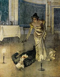 De dood van Scarpia aan het einde van Act II van Tosca door Giacomo Puccini, plaat door Achille Beltrame, La Domenica del Corriere, 4 februari