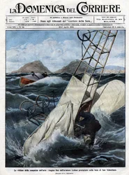 Het drama van de lucht: het tragische einde van vliegenier Leblon in de baai van San Sebastian. Illustratie van Beltrame. La Domenica del Corriere. 10-17/04/1910.