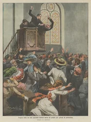 Tragische strijd tussen twee baptistenpriesters op een preekstoel uit professionele jaloezie (kleur litho)