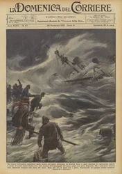 Een Brits stoomschip, beschut tegen de storm in de Noorse haven van Breivik Botn