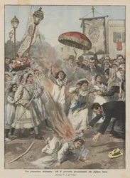 Een ongelukkige processie, brandende sluiers van jonge meisjes in processie
