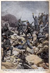 Eerste Wereldoorlog: Italiaans front op het Karstplateau (Trentino) en gevangenen onder de grond. „Domenica del Corriere”. 07/1917
