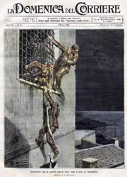 ontsnapping van drie gevangenen uit de gevangenis van Finalmarina in Italië in 1907. Illustratie van Achille Beltrame voor de Domenica del Corriere van 3 maart