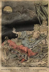 Cartoon over koningin Victoria door Achille Lemot (1846-1909) - 1899 - Nachtmerrie - meer gevechten, meer bloed, meer goud...