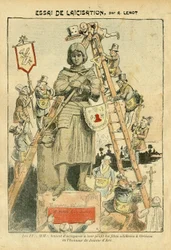 Illustratie van Achille Lemot (1846-1909) in Le Pèlerin, 05/05/07 - Poging tot secularisering - antimetselarij, vrijmetselarij, religie, geloof, katholicisme - secularisering, secularisme, secularisten - Jeanne d