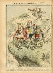 Illustratie van Achille Lemot (1846-1909) in Le Pèlerin, 08/09/07 - Mars naar de afgrond - Sociaal, antimetselarij, vrijmetselarij, leger, patriottisme, blind - Émile Zola, Jean Jaurès - Blind