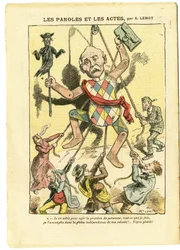 Illustratie van Achille Lemot (1846-1909) in Le Pèlerin, 21/03/09 - Woorden en daden - Antisemitisme, antimaçonnerie, Engeland, Groot-Brittannië, religie, geloof, katholicisme - Georges Clemenceau, jood, pastoors - Verdinglijking, reïficatie