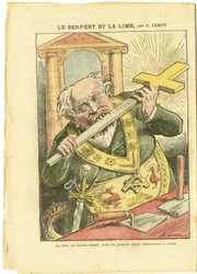 Illustratie van Achille Lemot (1846-1909) in Le Pèlerin, 23/05/09 - De slang en de vijl - Antimetselarij, religie en geloof, christelijk kruis, fabels van La Fontaine en anderen, katholicisme - Secularisering, secularisme, leken - Slangen - Animalisering