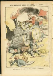 Illustratie van Achille Lemot (1846-1909) in Le Pelerin, 27/05/06 - Op de mars naar het ideaal - Sociaal, Automobiel, Dode lichamen, Revolutie, Rode Vlag, Economie, Socialisme, Pneumatisch, Lek
