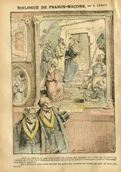 Illustratie van Achille Lemot (1846-1909) in Le Pèlerin, 31/03/07 - Dialoog van vrijmetselaars - Kunst, antimetselarij, vrijmetselarij, religie, geloof, katholicisme - Scheiding van Kerk en Staat, inventarissen/reacties op inventarissen