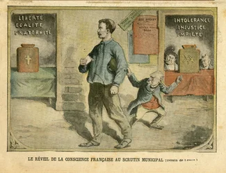 Illustratie van Achille Lemot in Le Pelerin, 01/05/04 - Het ontwaken van het Franse geweten bij de gemeenteraadsverkiezingen - Verkiezingen, Religie, Blok van links, Katholicisme - Secularisatie - Combes Emile