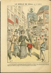 Illustratie van Achille Lemot (1846-1909) in Le Pelerin, 03/05/08 - De eeuw van Zola - Religie Geloof, Familie, Pornografie, Krantenkiosken, Katholiek Katholicisme, Rue steeg - Zola Emile