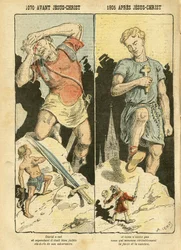 Illustratie van Achille Lemot (1846-1909) in Le Pèlerin, 05/11/05 - 1070 v.Chr. Jezus Christus 1905 n.Chr. - Antimetselarij, religie en geloof, Linkse Blok, katholicisme - Secularisering, secularisme, leken - David, Goliath - Verhalen en mythologie