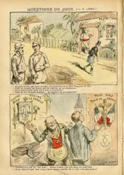Illustratie van Achille Lemot (1846-1909) in Le Pelerin, 06/10/07 - Vraag van de dag - Kolonisatie Kolonialisme Kolonisme, Antimaconisme Vrijmetselarij, Religie Geloof, Atheïsme, Patriottisme, Ballingschap, Katholiek Katholicisme - Kolonisten, Ontdekkingsr