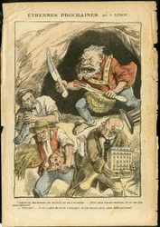 Illustratie van Achille Lemot (1846-1909) in Le Pelerin, 07/01/06 - Volgende vreemdeling - Landbouw, Collectivisme, Socialisme - Arbeider, Boeren, Boeren - Oger/eten/slikken, Animalisatie