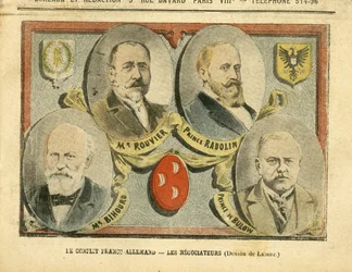 Illustratie van Achille Lemot in Le Pelerin, 09/07/05 - Het Frans-Duitse conflict de onderhandelaars - Kolonisatie Kolonialisme Kolonies, Duitsland Pruisen, Marokko, Frankrijk, Tanger - Rouvier Maurice, Bulow Bernhard von