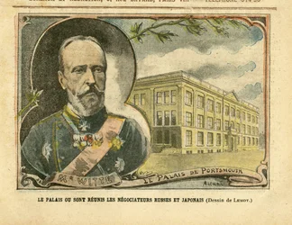Illustratie van Achille Lemot (1846-1909) in Le Pelerin, 20/08/05 - Het paleis waar de Russische en Japanse onderhandelaars bijeenkomen - Rusland, Japan, Russisch-Japanse Oorlog, Portsmouth - Sergej Witte (1849-1915)