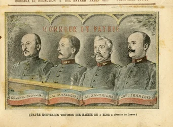 Illustratie van Achille Lemot (1846-1909) in Le Pelerin, 20/11/04 - Vier nieuwe slachtoffers van de haat van het Blok - Leger, Affaire des fiches, Patriottisme - Kolonel Rollin, Kapitein Mareschal, Kapitein Dautriche, François