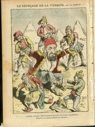 Illustratie van Achille Lemot (1846-1909) in Le Pelerin, 25/10/08 - Het ontleden van Turkije - Turkije, Religie Geloof, Balkan, Bulgarije, Bosnië-Herzegovina, Kreta, Katholiek Katholicisme - Abdul-Hamid II (1842-1918)