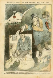 Illustratie van Achille Lemot (1846-1909) in Le Pelerin, 25/12/04 - De Kerst van de Goede Proletariër - Verkiezingen, Ellende, Winter, Leven van de Rijken, Socialisme - Arbeider, Ellendig, Arm, Dakloos - Oppositie/Associatie