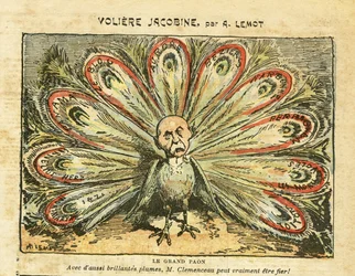 Illustratie van Achille Lemot (1846-1909) in Le Pèlerin, 26/01/08 - Jacobijnse volière - Linkse Blok, wijncrisis, opstand van wijnbouwers, Narbonne, Béziers, Aurore (krant) - Georges Clemenceau, pauw - Animalisering