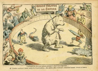 Illustratie van Achille Lemot (1846-1909) in Le Pelerin, 28/02/04 - De houding van verschillende naties... - Rusland, Russisch-Japanse Oorlog - Combes Emile, Beer, Eerlijke Beer - Animalisatie, Carnaval/Spel/Circus