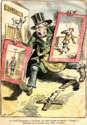 De resultaten: één lyceumleerling pleegt zelfmoord in Clermont, een andere in Bourg: resultaten van moraal zonder God op school! - spotprent van Achille Lemot (1846-1909) in Le Pèlerin (1909) - tegenstelling tussen seculier en religieus onderwijs
