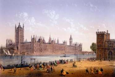 Houses of Parliament vanaf de zuidelijke oever, prent gemaakt door Ch. Riviere, 1862
