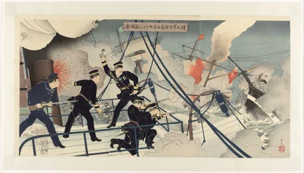 Kabayama, hoofd van het marine commando, valt een vijandig schip aan met de Seikyō Maru