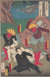 Kabuki-uitvoering met Rode Indianen en Kubuki-acteurs, eind 19e eeuw
