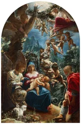 Italiaans: sacra famiglia con san giovannino e un angelo De heilige familie met het kind Johannes de Doper en engelen