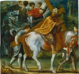Het Frankfurter altaarstuk van de Verheffing van het Ware Kruis: Heraclius te paard met het Kruis (rechtsonder)