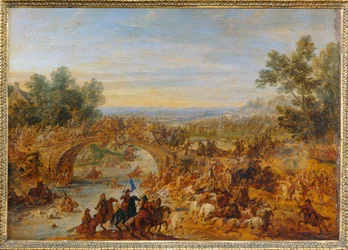 Cavalerie vechtend terwijl ze een brug oversteken ...