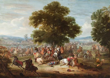 Een cavaleriegevecht in een bosrijk landschap, een brug in de verte (olieverf op doek)