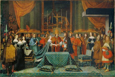 De viering van het huwelijk van Lodewijk XIV en Marie-Theresia van Oostenrijk (schilderij op doek)