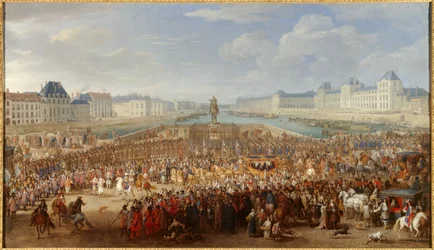 Koning Lodewijk XIV (1638-1715) steekt de Pont Neuf over in zijn koets