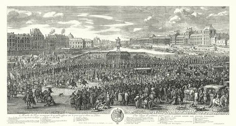 Lodewijk XIV van Frankrijk en zijn garde steken de Pont-Neuf in Parijs over op weg naar het Palais du Louvre