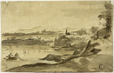 Landschap met visser in meer