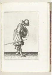 De exercitie met schild en spies: de soldaat legt de spies naast zijn rechtervoet op de grond (nr. 16), 1618