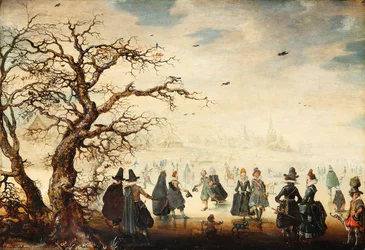Duits: Wintervergnügen Winterlandschap met elegante figuren die schaatsen