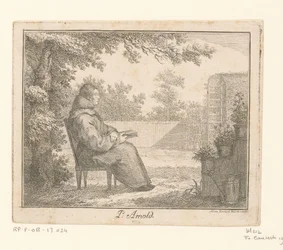 Portret van Arnoldus a Sancta Clara met een boek in een tuin