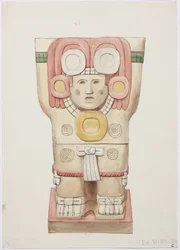 Kariatide uit de buitenkamer, Tempel A, balspelveld, Chichen Itza, Mexico