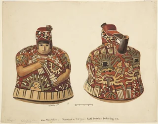 Container met een menselijke figuur aan één kant en een tuit achter het hoofd uit Nazca, Peru