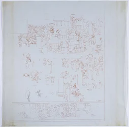Kopie van een complete muurschildering van de westelijke muur, Bovenste Tempel van de Jaguars, Chichen Itza, Mexico Binnenkamer op westelijke muur Getekend in rode inkt