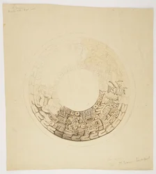 Potdeksel uit Belize (voorheen Brits Honduras) Circulair ontwerp, waarvan een deel ontbreekt, toont een ontwerp met figuren van mannen, glyphs enz.